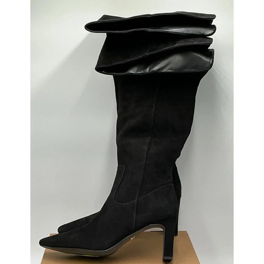 Sam Edelman Shea Boots Womens US 11 Black Suede Square Toe Over-the-Knee Eby4463
